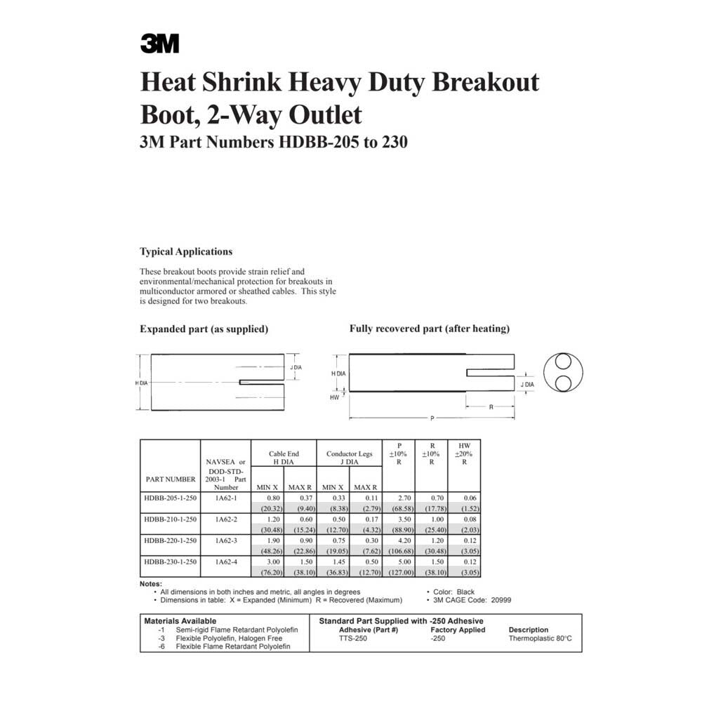 3M HDBB-220-1-250 HDBB Heat Shrinkable Cable Breakout Boot (7100037322) - 2