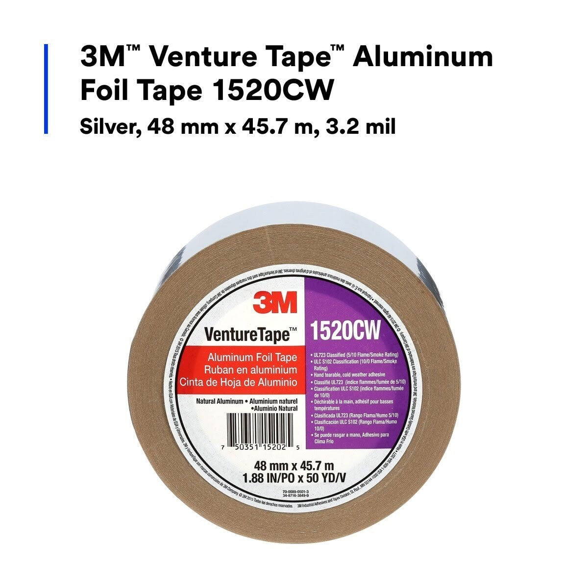 3M 1520CW Aluminum Foil Tape, Silver, 48 mm x 45.7 m, 3.2 mil (7100043715)  - (24Pack) - 5