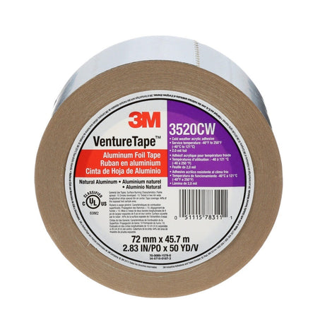 3M 3520CW Venture Tape Aluminum Foil Tape, Silver, 72 mm x 45.7 m, 3.7 mil (7100043750) (256 Pack)