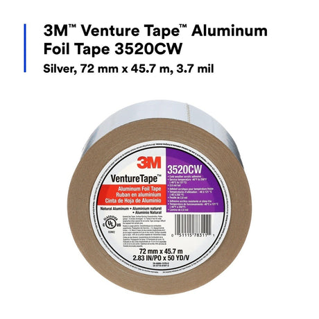 3M 3520CW Venture Tape Aluminum Foil Tape, Silver, 72 mm x 45.7 m, 3.7 mil (7100043750) (256 Pack) - 3