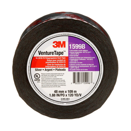 3M 1599B UL181B-FX Polypropylene Duct Tape, Silver, 48 mm x 109.7 m, 3 mil (7100043760) (576 Pack)