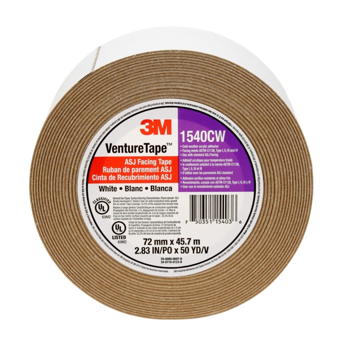 3M 1540CW Venture Tape ASJ Facing Tape, White, 72 mm x 45.7 m (7100043768)  - (16Pack)