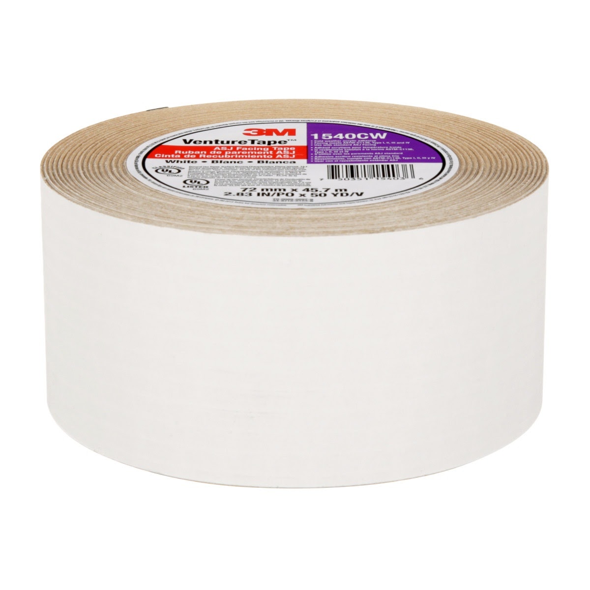 3M 1540CW Venture Tape ASJ Facing Tape, White, 72 mm x 45.7 m (7100043768)  - (16Pack) - 8