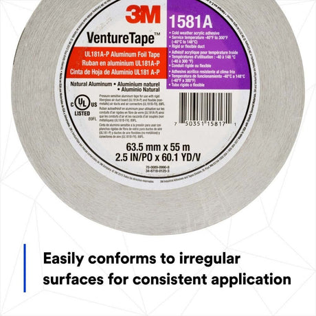 3M 1581A Venture Tape UL181A-P Aluminum Foil Tape Silver 2 1/2 in x 60 yd 2 mil (7100043830) - 4