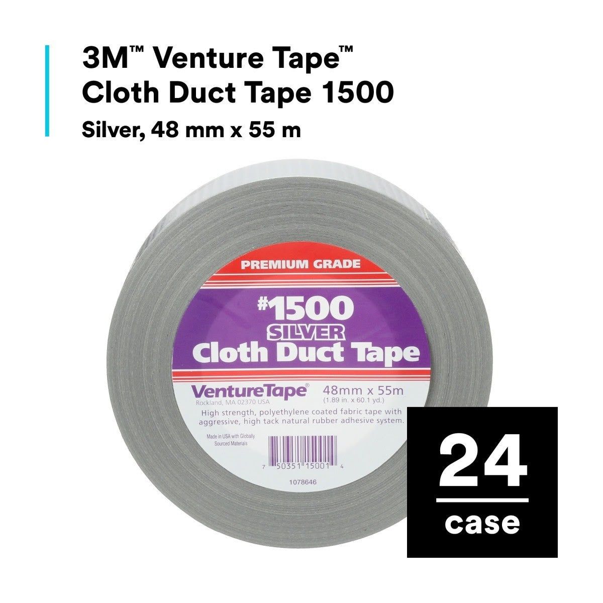 3M 1500 Venture Tape Cloth Duct Tape, Silver, 48 mm x 55 m (1.88 in x 60.1 yd) (7100043836) (576 Pack) - 2