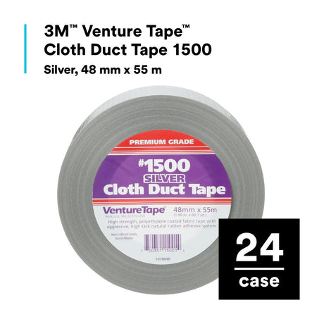 3M 1500 Venture Tape Cloth Duct Tape, Silver, 48 mm x 55 m (1.88 in x 60.1 yd) (7100043836) (576 Pack) - 2