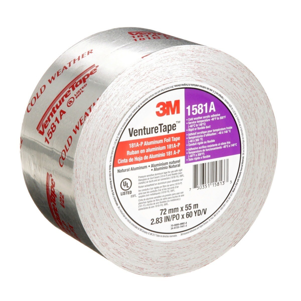 3M UL181A-P 1581A Venture Tape Aluminum Foil Tape, Silver, 72 mm x 55 m, 2 mil (7100043929)  - (16Pack) - 7