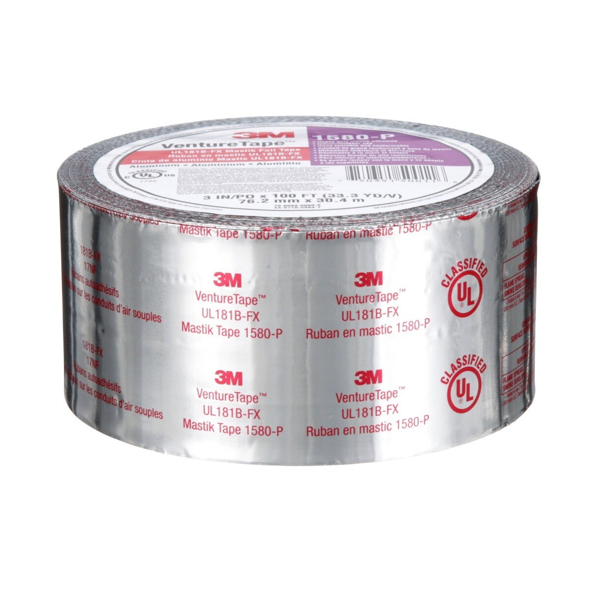3M Venture Tape UL181B-FX Mastik Foil Tape, Silver, 3 in x 100 ft (1580-P) (7100043954)  - (16Pack) - 5