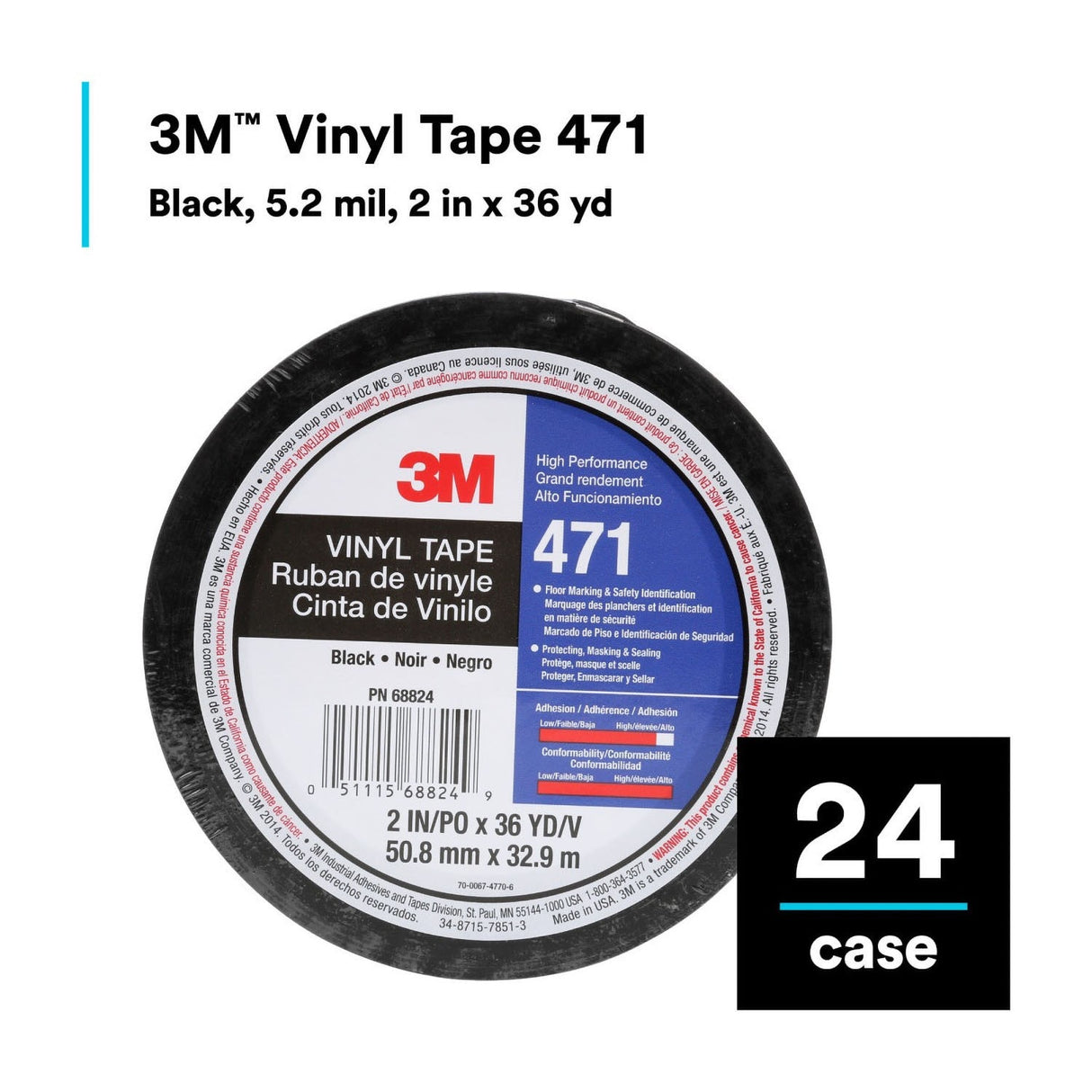 3M 471 Vinyl Tape, Black, 2 in x 36 yd, 5.2 mil, Roll (7100044330)  - (24Pack) - 2