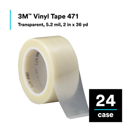 3M Vinyl Tape Transparent 2 in x 36 yd 5.2 mil Roll (471) (7100044331)  - (24Pack) - 10
