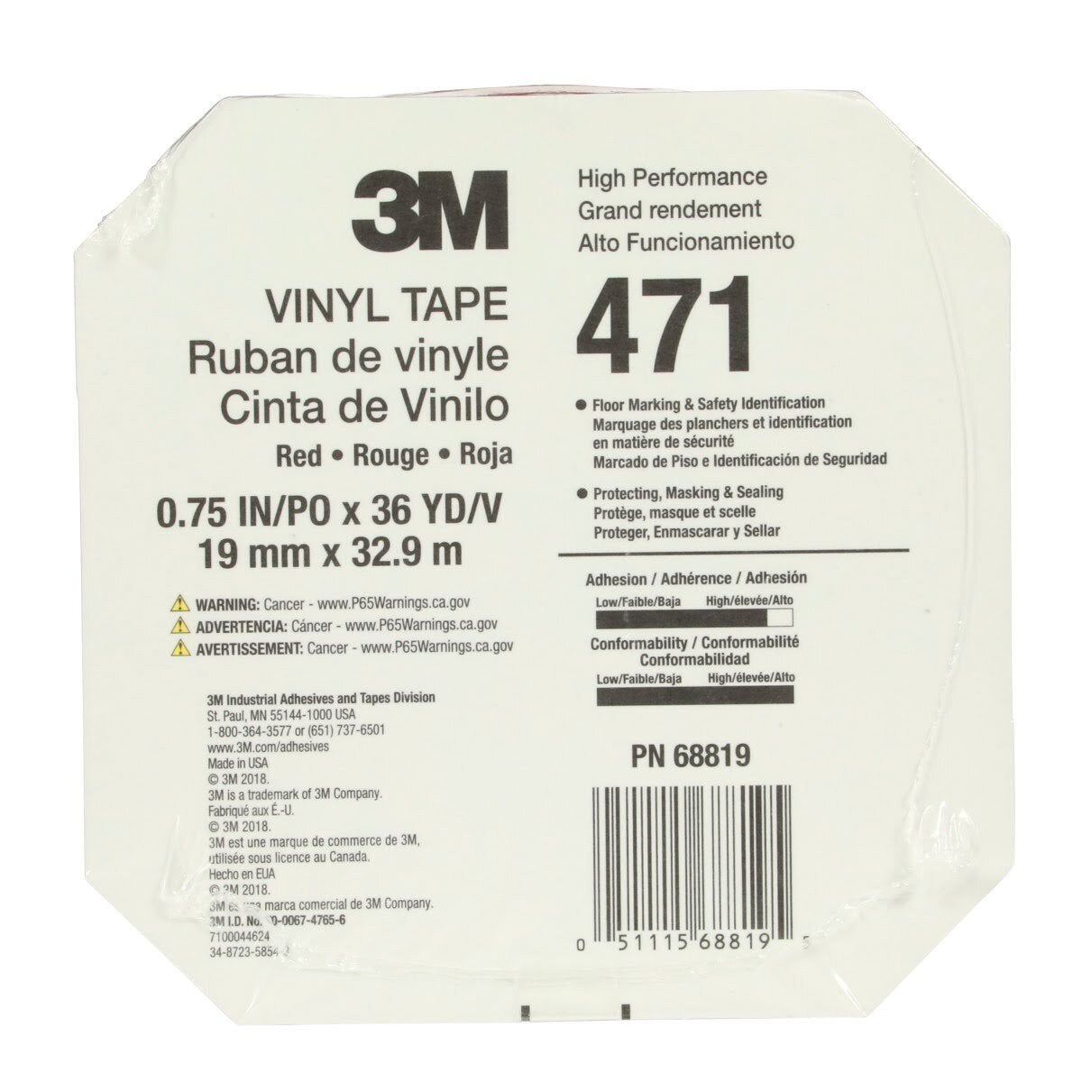 3M 471 Vinyl Tape, Red, 0.75 in x 36 yd, 5.2 mil (7100044624)  - (48Pack) - 8