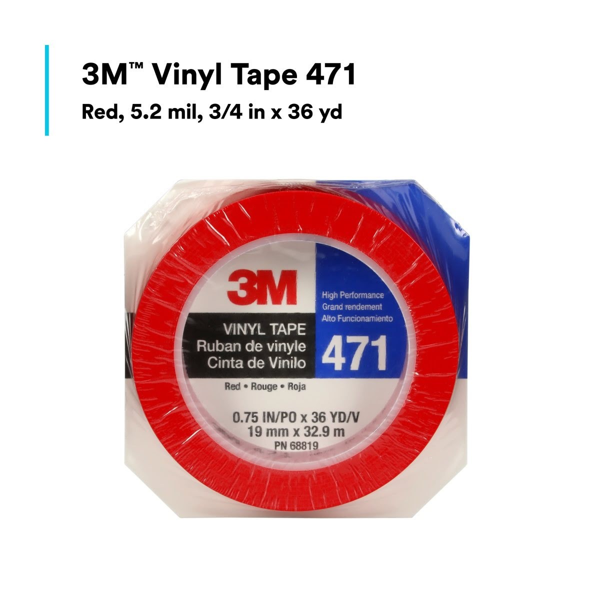 3M 471 Vinyl Tape, Red, 0.75 in x 36 yd, 5.2 mil (7100044624)  - (48Pack) - 9