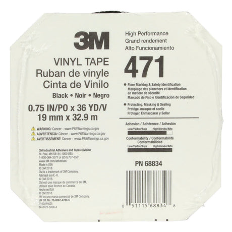 3M 471 Vinyl Tape, Black, 3/4 in x 36 yd, 5.2 mil (471 IW) (7100044625)  - (48Pack) - 9