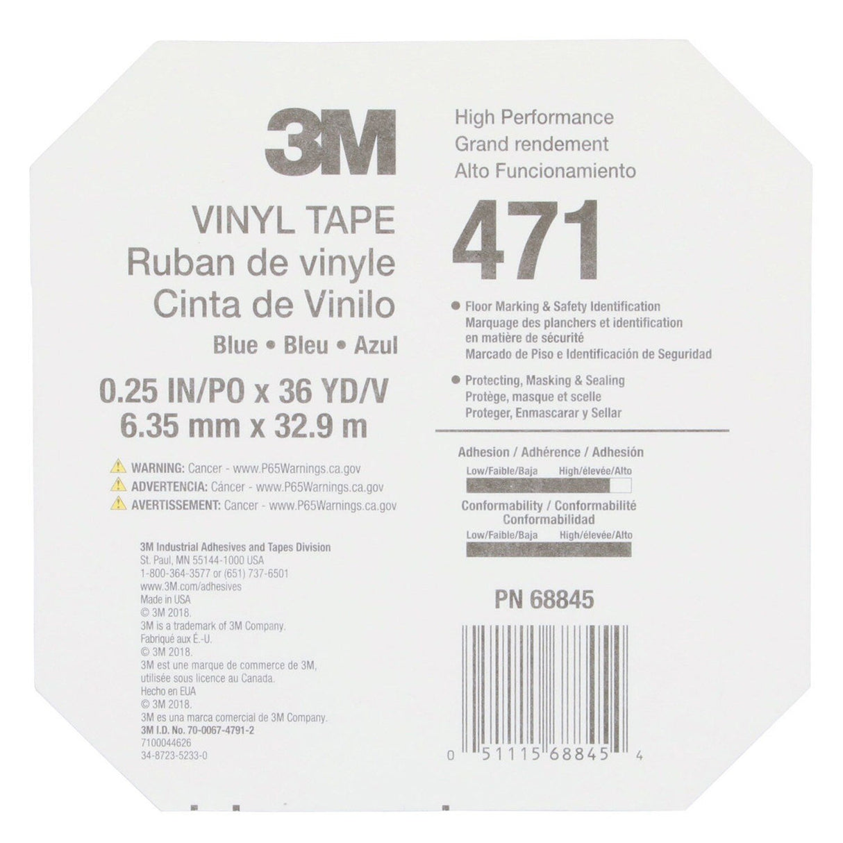 3M 471 Vinyl Tape, Blue, 1/4 in x 36 yd, 5.2 mil (7100044626)  - (144Pack) - 10