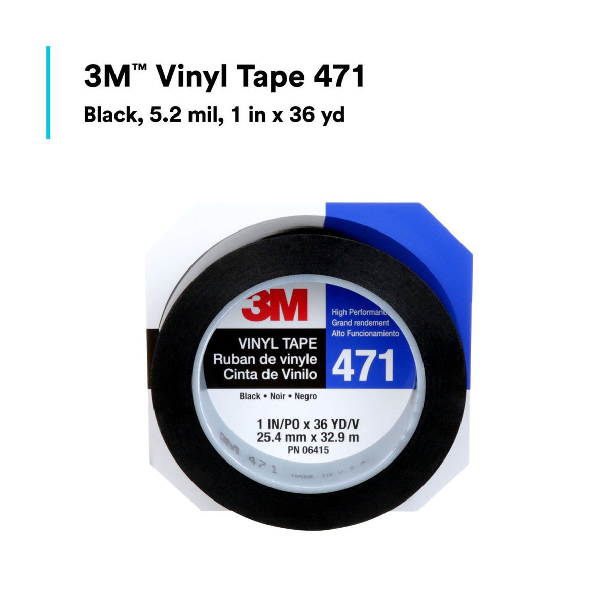 3M 471 Vinyl Tape, Black, 1 in x 36 yd, 5.2 mil (6415) (7100044640)  - (36Pack) - 5