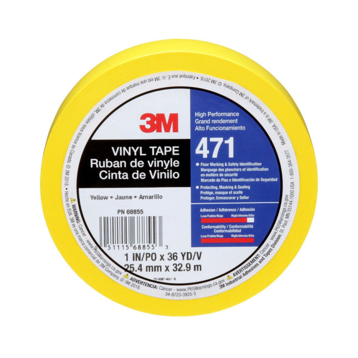 3M 471 Vinyl Tape, Yellow, 1 in x 36 yd, 5.2 mil, Roll (471 IW) (7100044642)  - (36Pack) - 2
