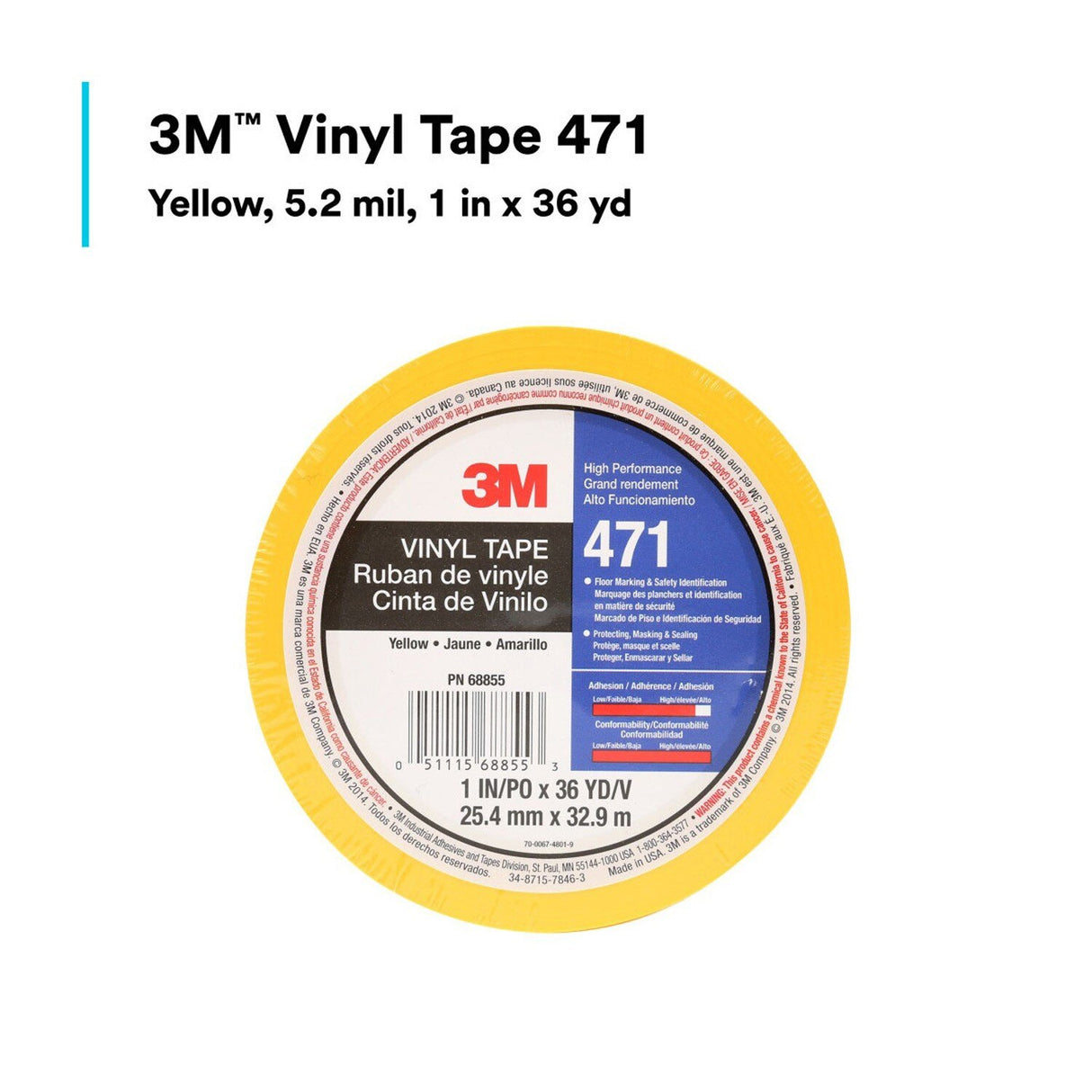 3M 471 Vinyl Tape, Yellow, 1 in x 36 yd, 5.2 mil, Roll (471 IW) (7100044642)  - (36Pack) - 9
