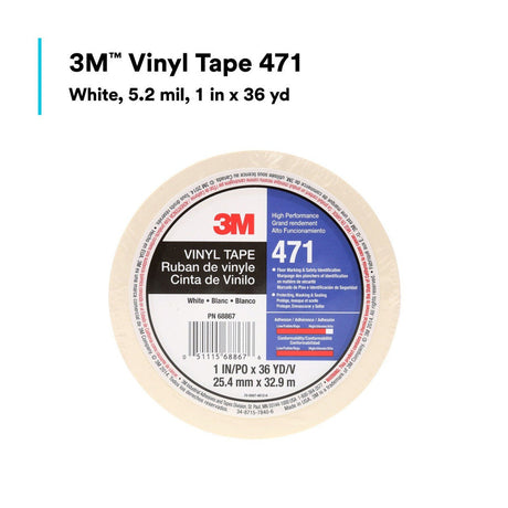 3M 471 Vinyl Tape, White, 5.2 mil, 1 in x 36 yd Roll (471 IW) (7100044644)  - (36Pack) - 10