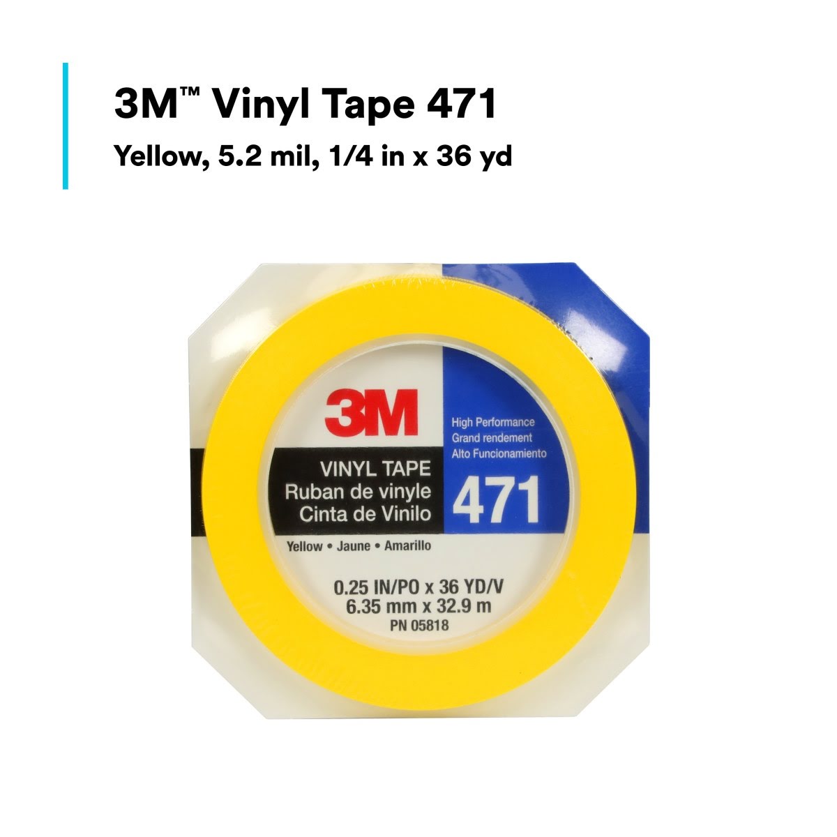 3M 471 Vinyl Tape, Yellow, 1/4 in x 36 yd, 5.2 mil Roll (7100044645)  - (144Pack) - 2