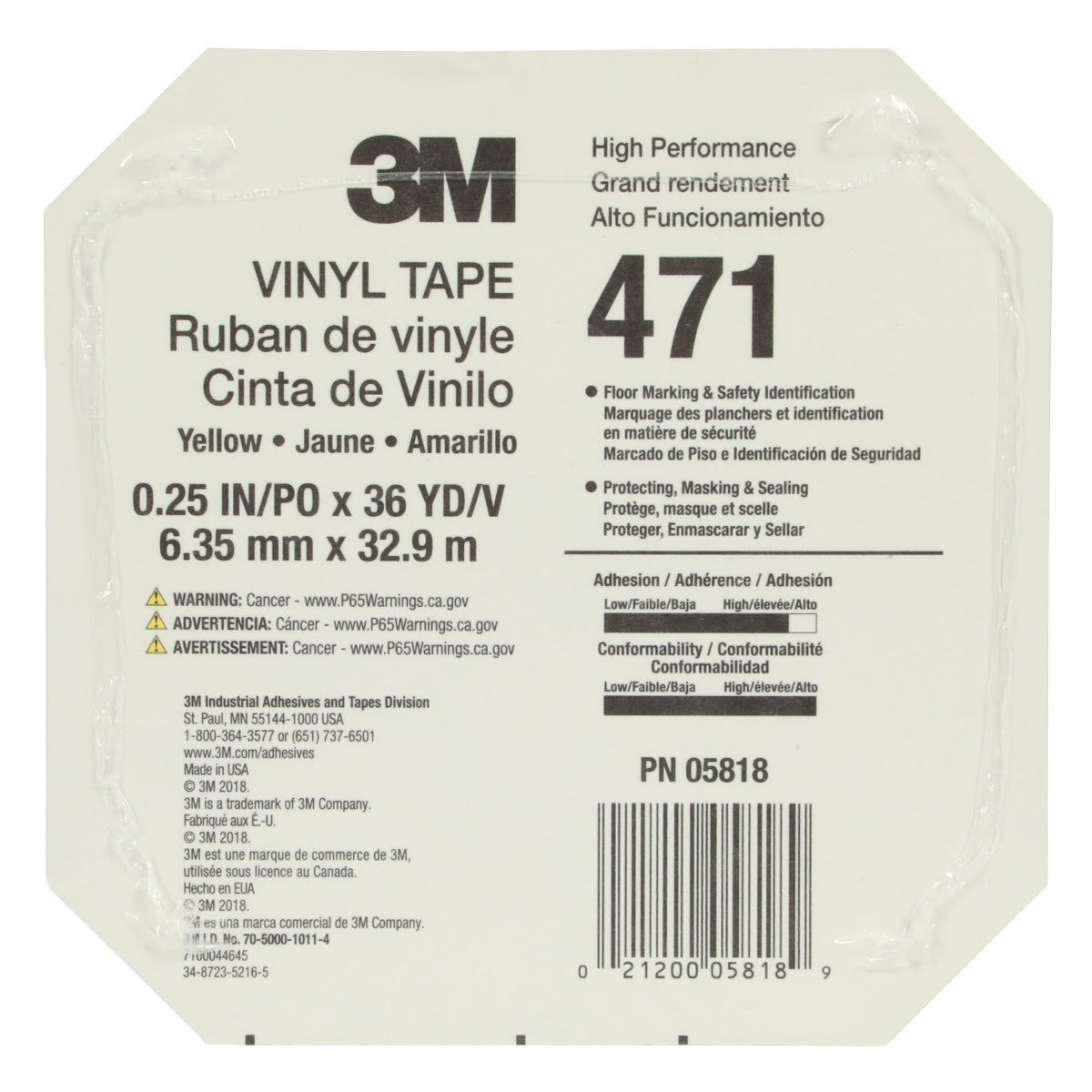3M 471 Vinyl Tape, Yellow, 1/4 in x 36 yd, 5.2 mil Roll (7100044645)  - (144Pack) - 3