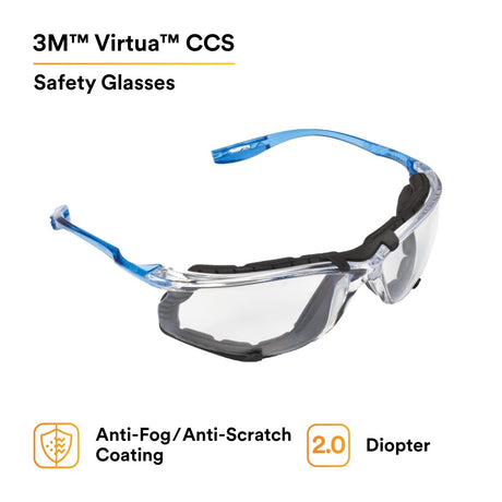 3M VC220AF Virtua Safety Glasses with Readers 2.0 Diopter Anti Fog Anti Scratch Clear Lens Light Blue Temples Removable Foam Gasket Cord Control System (7100046672)  - (20Pack) - 9