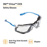 3M VC225AF Virtua CCS Safety Glasses with Readers 2.5 Diopter, ANSI Z87, Anti-Fog, Clear Lens, Blue Temples, Removable Foam Gasket (7100046673)  - (20Pack) - 6