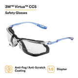 3M VC215AF Virtua CCS Safety Glasses with Readers, +1.5 Diopter, Anti Fog Anti Scratch, Clear Lens, Blue Temples, Removable Foam Gasket (7100046796)  - (20Pack) - 8