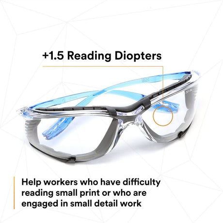 3M VC215AF Virtua CCS Safety Glasses with Readers, +1.5 Diopter, Anti Fog Anti Scratch, Clear Lens, Blue Temples, Removable Foam Gasket (7100046796)  - (20Pack) - 10