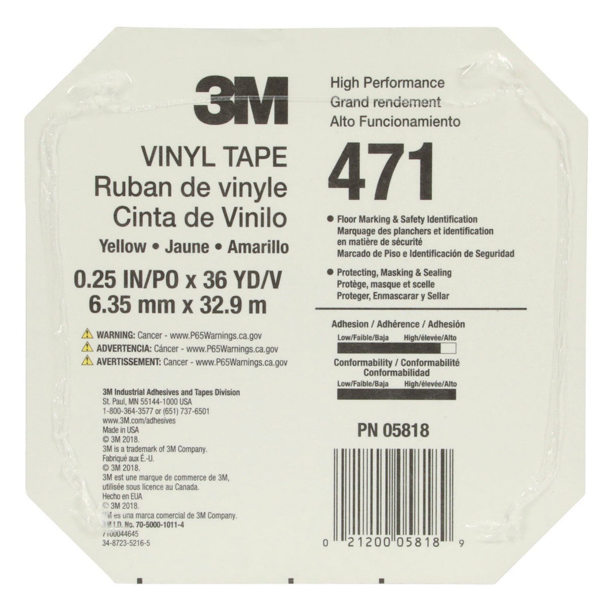 3M 471 Vinyl Tape Yellow 1/4 in x 36 yd (31840) (7100049780)  - (144Pack) - 9