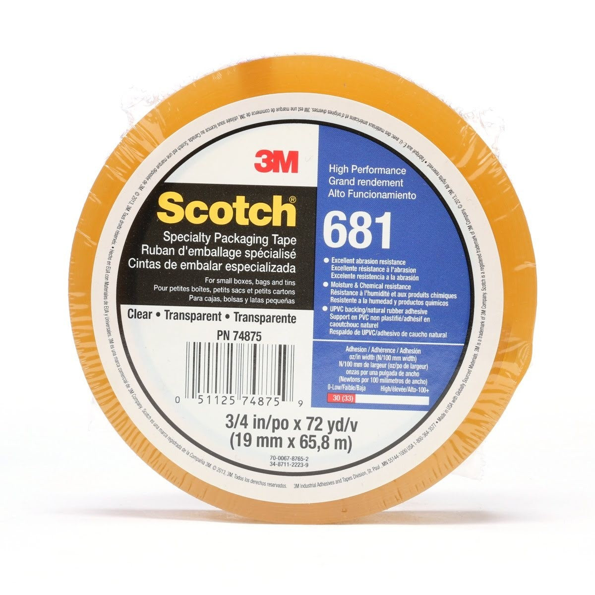 3M 681 Scotch Light Duty Packaging Tape, Clear, Moisture and Chemical Resistant, 3 in x 72 yd (7100053231) (12 Pack)