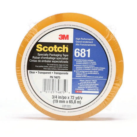 3M 681 Scotch Light Duty Packaging Tape, Clear, Moisture and Chemical Resistant, 3 in x 72 yd (7100053231) (12 Pack)