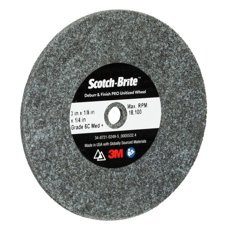 3M DP-UW Scotch-Brite Deburr and Finish PRO Unitized Wheel, 6C Medium+, Gray, 3 in x 1/8 in x 1/4 in Center Hole (7100053418) (40 Pack) - 3