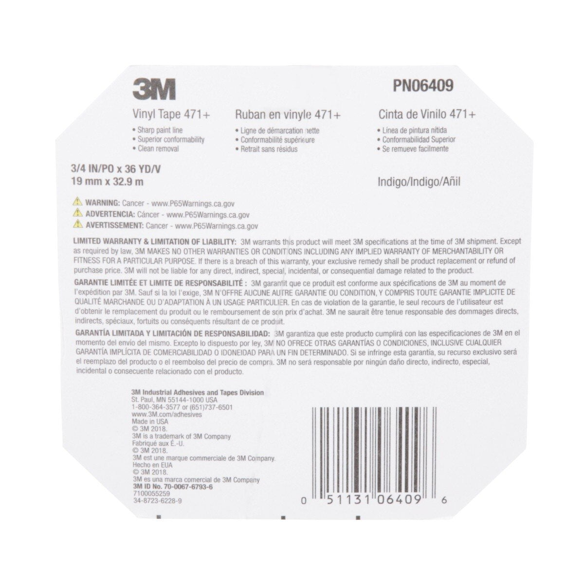 3M 471+ Vinyl Tape, Indigo, 3/4 in x 36 yd, 5.2 mil (PN06409) (7100055259)  - (12Pack) - 9