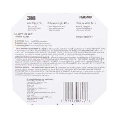 3M 471+ Vinyl Tape, Indigo, 3/4 in x 36 yd, 5.2 mil (PN06409) (7100055259)  - (12Pack) - 10