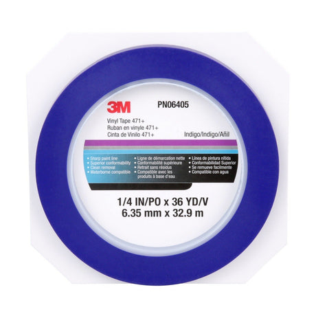 3M 471+ Indigo Vinyl Tape, Fine Line Paint Masking, 1/4 in x 36 yd (7100055835)  - (12Pack) - 7
