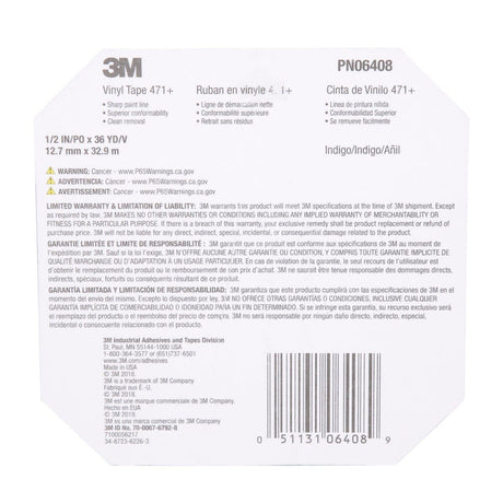 3M 471+ Vinyl Tape 1/2 in x 36 yd Indigo Fine Line Paint Masking Striping Color Separation (7100056217)  - (12Pack) - 9