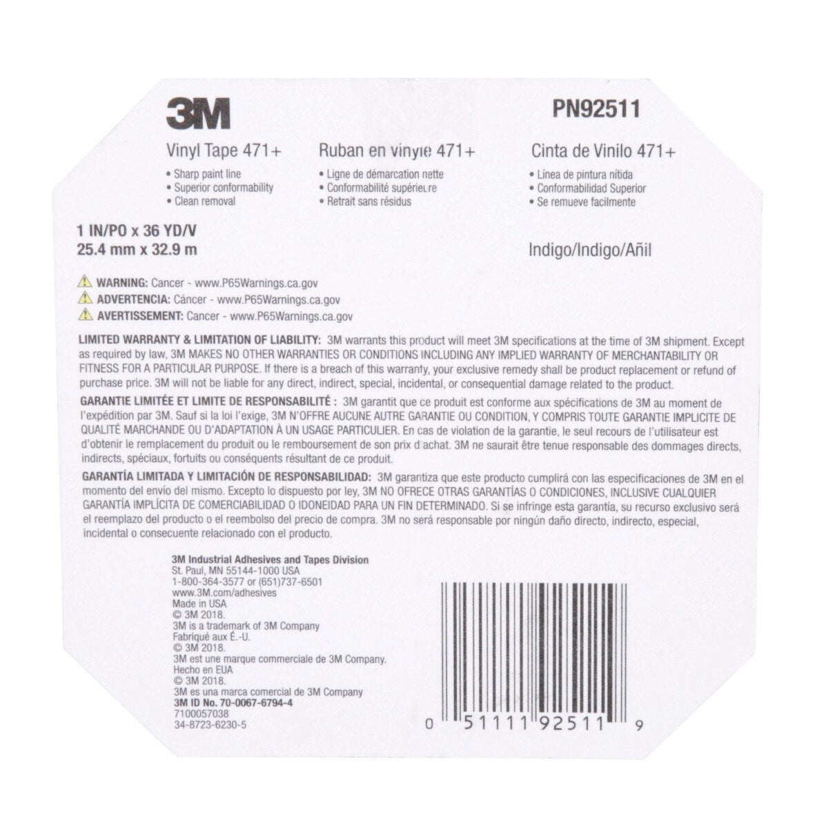 3M 471+ Vinyl Tape Indigo 1 in x 36 yd Fine Line Paint Masking Striping Color Separation High-Temperature Stretch (7100057038)  - (12Pack) - 9