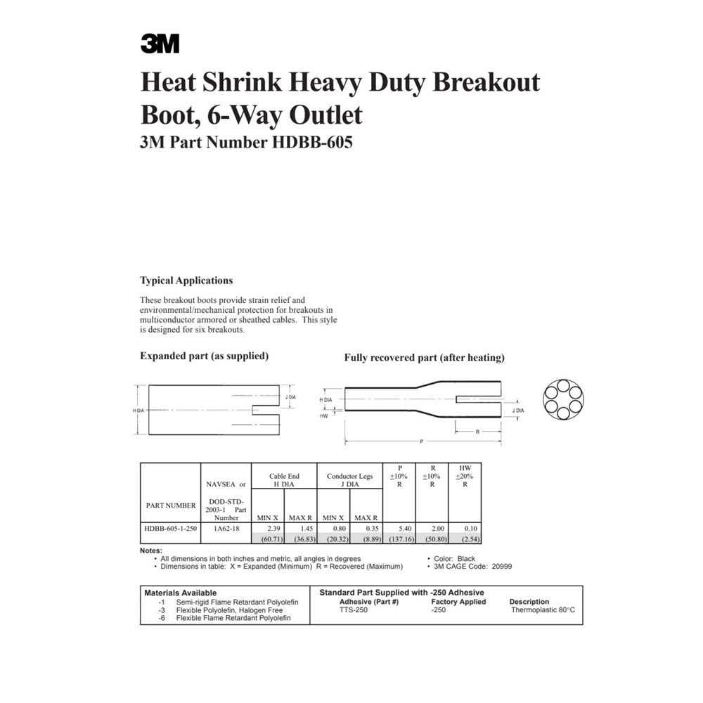 3M HDBB-605-1-250 Heat Shrinkable Cable Breakout Boot : black, 6-way outlet (7100077232) - 2