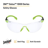 3M S1201SGAF Solus 1000 Safety Glasses, Clear Polycarbonate Lens, Scotchgard Anti-Fog Anti-Scratch, Green/Black Half-Frame, Padded Temples, Soft Nosebridge, ANSI Z87.1 UV Protection (7100079049)  - (20Pack) - 3