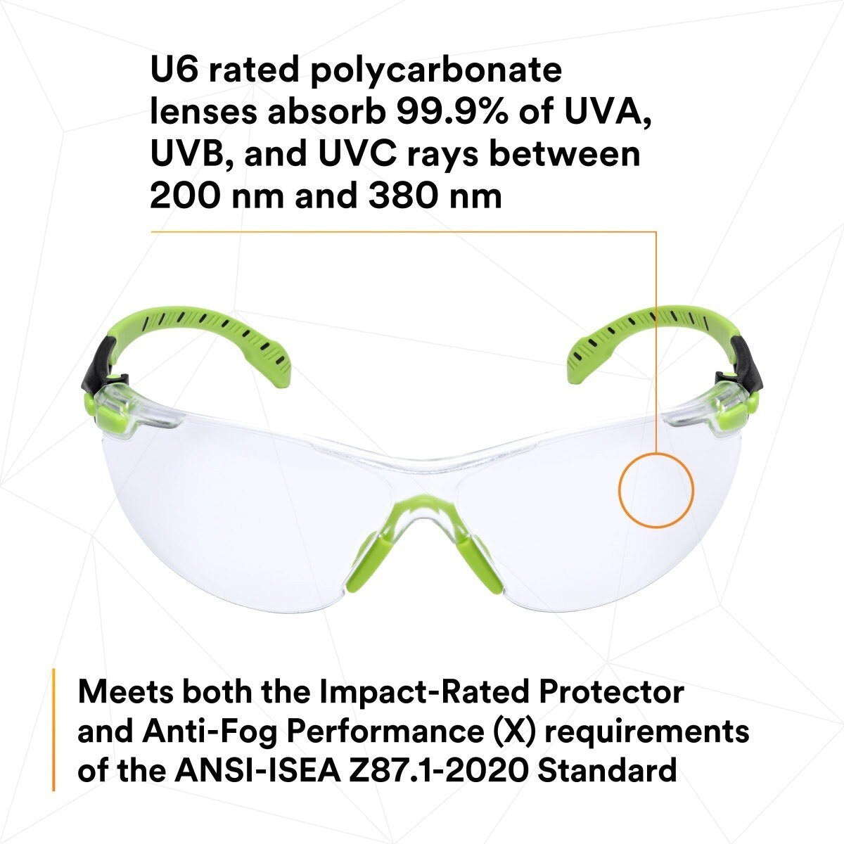 3M S1201SGAF Solus 1000 Safety Glasses, Clear Polycarbonate Lens, Scotchgard Anti-Fog Anti-Scratch, Green/Black Half-Frame, Padded Temples, Soft Nosebridge, ANSI Z87.1 UV Protection (7100079049)  - (20Pack) - 7