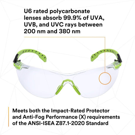 3M S1201SGAF Solus 1000 Safety Glasses, Clear Polycarbonate Lens, Scotchgard Anti-Fog Anti-Scratch, Green/Black Half-Frame, Padded Temples, Soft Nosebridge, ANSI Z87.1 UV Protection (7100079049)  - (20Pack) - 7