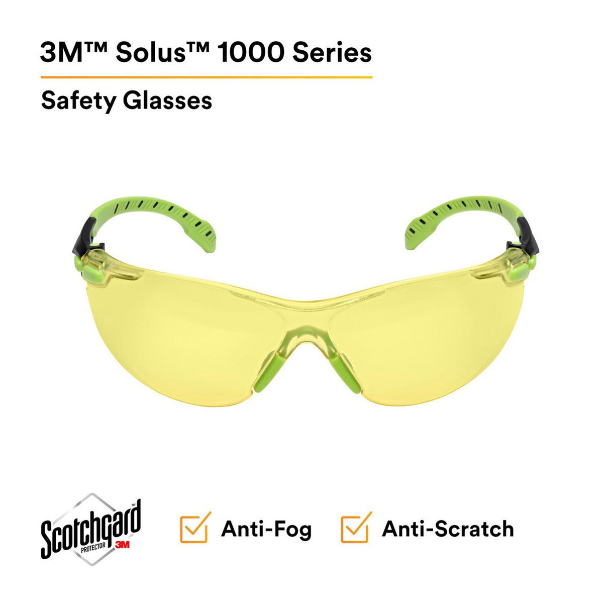3M S1203SGAF Solus Safety Glasses, 1000 Series, Anti-Fog/Anti-Scratch, Amber Lens, Green/Black Frame, ANSI Z87.1 (7100079181)  - (20Pack) - 2