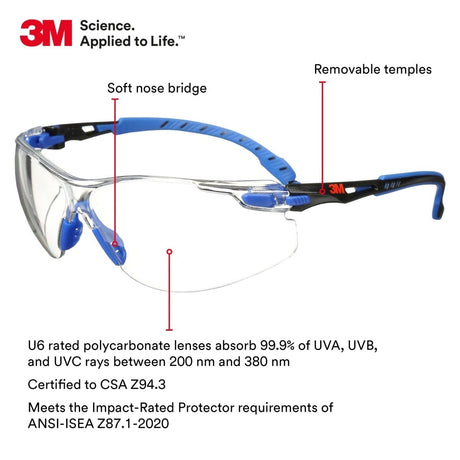 3M S1101SGAF Solus Safety Glasses, 1000 Series, Clear Lens, Blue/Black Frame, ANSI Z87 Impact Rated, Anti-Fog (7100079183) - 9