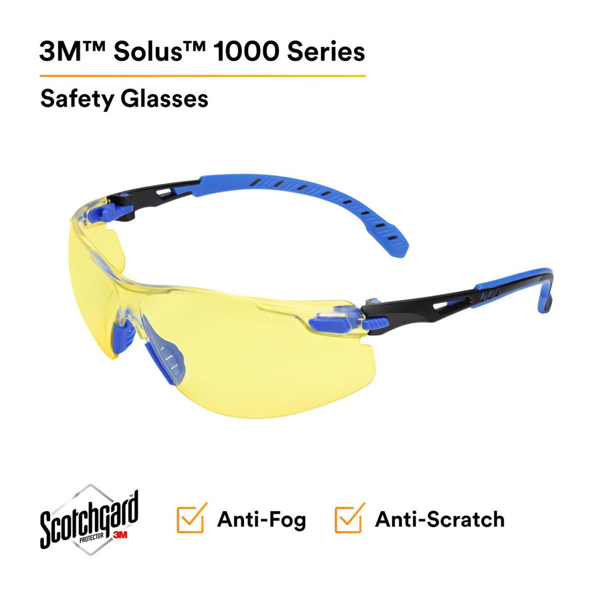 3M S1103SGAF Solus Safety Glasses 1000 Series Anti-Fog Amber Lens Blue/Black Frame ANSI Z87.1 (7100079185)  - (20Pack) - 3
