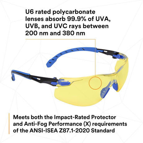 3M S1103SGAF Solus Safety Glasses 1000 Series Anti-Fog Amber Lens Blue/Black Frame ANSI Z87.1 (7100079185)  - (20Pack) - 7
