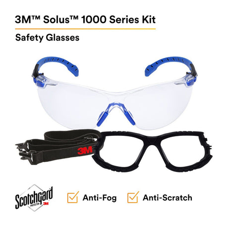 3M Solus Safety Glasses 1000 Series Scotchgard Anti-Fog Clear Lens Blue/Black Frame Removable Foam Gasket and Strap (27189) (7100079186)  - (20Pack) - 5