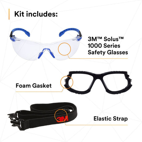 3M Solus Safety Glasses 1000 Series Scotchgard Anti-Fog Clear Lens Blue/Black Frame Removable Foam Gasket and Strap (27189) (7100079186)  - (20Pack) - 6
