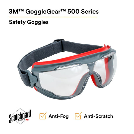 3M GG501SGAF GoggleGear 500 Series Safety Goggles, Clear Lens, Anti-Fog, Indirect Ventilation, Adjustable Cloth Strap, D3/D4 Rated ANSI Z87.1-2015 (7100079187) (1 Pair)  - (10Pack) - 5