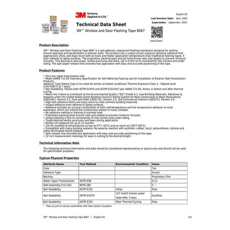 3M 8067 All Weather Flashing Tape , Tan, 12 in x 75 ft, Slit Liner (2-10 Slit) (7100079743) - 4