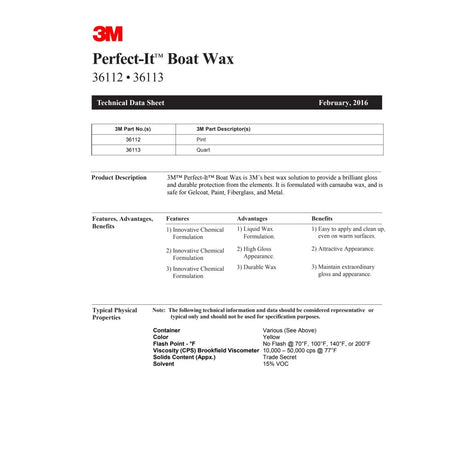 3M 36113 Perfect-It Boat Wax 1 Quart 32 fl oz Carnauba for Gelcoat Paint Fiberglass Metal (7100087468)  - (6Pack) - 2
